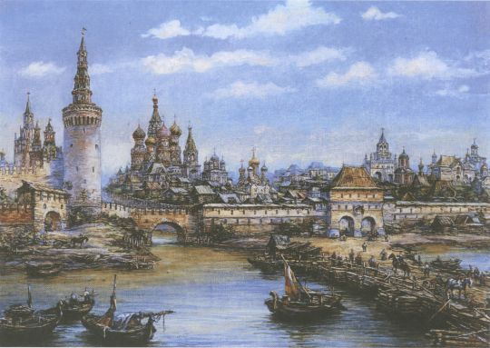 Вид от деревянного (живого) Москворецкого моста на водяные ворота Китай-города и собор Василия Блаженного в конце XVII века
