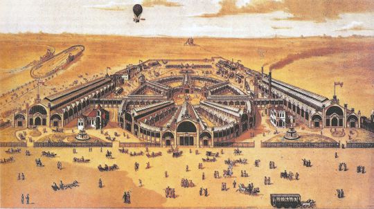 Всероссийская Художественно-промышленная Выставка - общий вид
Вид на территорию Всероссийской Художественно-промышленная Выставки 1882 года с высоты птичьего полета. Литография. Слева от территории Выставки видны Место Бега и Место Скачки, за Выставкой - Ходынская водокачка.
