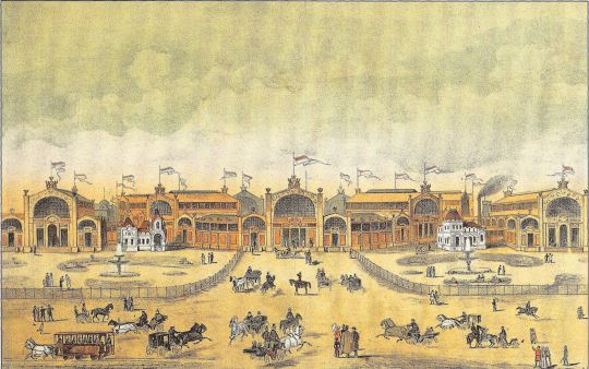 Всероссийская Художественно-промышленная Выставка - вид со стороны шоссе
Вид на Центральный павильон Всероссийской Художественно-промышленная Выставки со стороны Санкт-Петербургского шоссе и Петровского парка. Литография.
