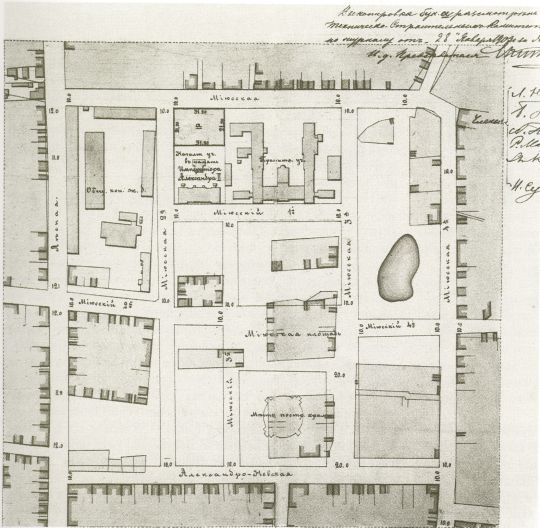 Проект реконструкции Миусской площади
Показан круглый в плане храм Александра Невского, предложенный архитектором А.А. Латковым

