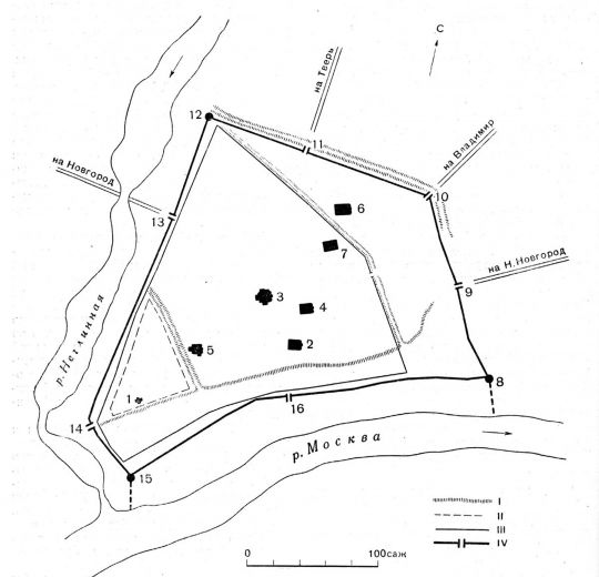 Схема развития крепости Москвы в 1156—1367 годах
I — кромка кремлевскою холма; II — контур крепости и ров 1156 г.; III — контур крепости и ров 1339—1340 гг.; IV — стены и башни кремля 1366—1367 гг. Храмы XII—XIV вв.; 1 — деревянная церковь Иоанна Предтечи; 2 — деревянная церковь архангела Михаила и каменный Архангельский собор, 1333 г.; 3 — Успенский собор, 1326—1327 гг.; 4 — церковь-колокольня Ивана Лествичника, 1329 г.; 5 — придворный собор Спаса на бору, 1330 г.; 6 — собор Чуда архангела Михаила, 1365 г. (... см. коментарий)
