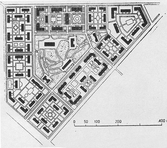 Проект планировки жилого квартала по улице Октябрьское поле
Квартал по ул. Маршала Бирюзова, называемый «Немецкой слободой», являлся частью более обширного жилого района, осуществленного в 1947-52 г. по проекту арх. И.Я Конторовича, В.В. Извекова, М.Г. Куповского, В.В.Сергеева.
На схеме рубежа 40-50 гг. мы видим первый этап строительства с градостроительной ситуацией. Форма участка - треугольник со срезанным углом - определена трассировкой уже существовавших к тому времени дорог: 1 и 2 ул. Окт. поля. 1-я улица Окт. поля (совр. Народного Ополчения) - часть Паркового кольца, проектировавшегося ещё по Генплану Москвы 35 года. От этой затеи остался сооруженный в 1962 г. Песчаный путепровод через Малое кольцо ОЖД. 2-я ул. Окт. поля (совр. Бирюзова) – сохраняет направление старой дороги на Волоколамск через Тушино. Разрезанная надвое полотном МК ОЖД в начале 20 века, дорога со временем исчезла но отдельные её участки ещё прослеживаются в современной планировке города.
Ключевые слова: Октябрьское поле