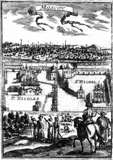 Панорама Москвы из атласа Мале
Содержит четыре отдельных изображения-клейма. Верхний - панорама Москвы, нарисованная из Замоскворечья, два средних фрагмента показывают части кремлёвской территории у Никольского и Архангельского соборов. Нижний рисунок с изображением иностранных путешественников на переднем плане навеян мотивами рисунков из записок А. Олеария.
Размер по доске 145x102 мм
