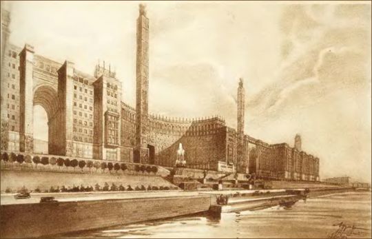 Проект дома на Ростовской набережной
Перспектива главного фасада. Авторы проекта А.В.Щусев, А.К.Ростковский. Реализован с большими изменениями.
