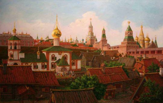 Подол Московского Кремля в XVII веке
На переднем плане в белом цвете высится Церковь Константина и Елены. Вокруг церкви расположены были дворы соборных священнослужителей, так называемая поповская слобода, во главе с протопопом Успенского собора. Возле этих дворов находилось Угрешское подворье. Вдали мы видим  Спасскую башню – святые ворота Кремля-града, какие бывают в монастырских стенах. Справа высится Храм Василия Блаженного. На Боровицком холме слева: здания Приказов, тогдашние Министерства и Ведомства. Ещё дальше видны церкви, подворья и палаты горожан.
Ключевые слова: Кремль, Подол Кремля, Церковь Константина и Елены, Константино-Еленинская башня, Приказы,Подворья.