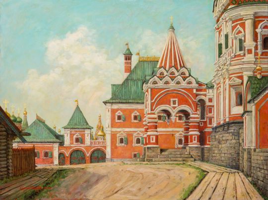 Вид с Никитникова переулка на палаты Симона Ушакова в Китай-городе (х-м. 80х60. 2010 г.)
Слева направо (дальний план): Церковь Воскресения Христова в Булгакове, стоявшая на углу Варварки и Юшкова переулка (ныне Никольский переулок). Далее: Колокольня �Ивана Великого – самое высокое сооружение Москвы XVII века. Правее: Троицкий Собор на Рву на Красной площади (позднее - Храм Василия Блаженного) - одно из главных сооружений столичного центра, обетный храм царя �Иоанна Грозного. На среднем плане: Палаты Симона Ушакова. 

Симон Ушаков (Пимен) Федорович (1626-86 г.г.) - русский иконописец. Родился и работал в Москве, по рождению был «дворянин московский».
С 1648 г. находился в качестве художника на царской службе. Произведения Ушакова высоко ценились его покровителем царём Алексеем Михайловичем Романовым. Первые иконы, характерные для стиля Симона Ушакова, были написаны для  церкви Св. Троицы в Никитниках, прихожанином которой он был, крыльцо (рундук) которой изображён справа. Вполне вероятно, что Ушаков писал не только иконы для этой церкви, но и принимал участие в росписи стен.  
Ключевые слова: Симон Ушаков; Церковь Воскресения Христова в Булгакове; � ундук; Крыльцо; Юшков переулок; Варварка; Никольский переулок.