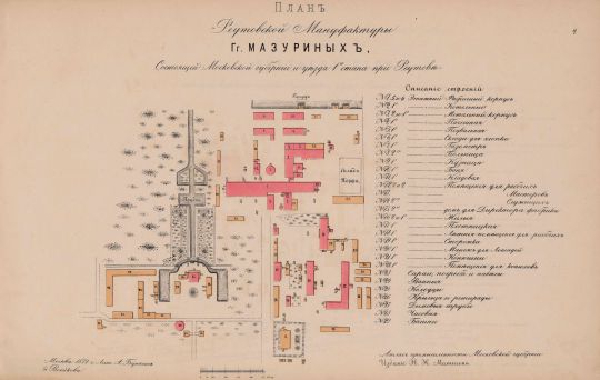 План Реутовской Мануфактуры гг. Мазуриных, состоящий Московской губернии и уезда, 1-го стана, при Реутове.
План с экспликацией.
Ключевые слова: Мануфактура,  еутов.
